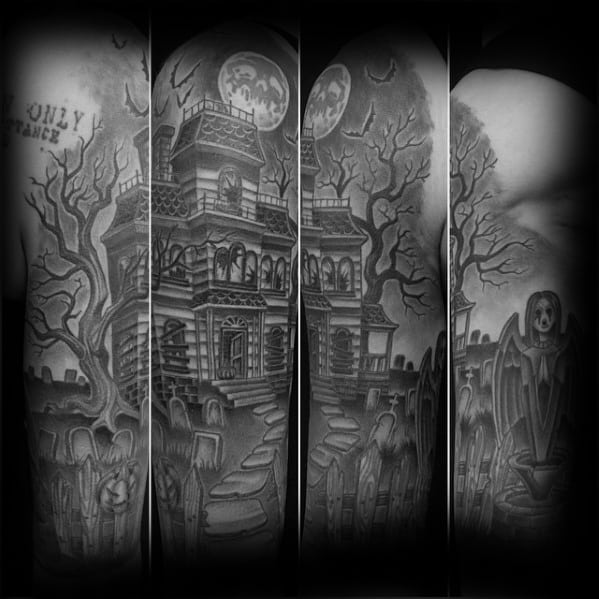 Made this super fun haunted house with little tatted up ghost today. #ghost  #ghosttattoo #hauntedhouse #hauntedhousetattoo #blackandgre... | Instagram