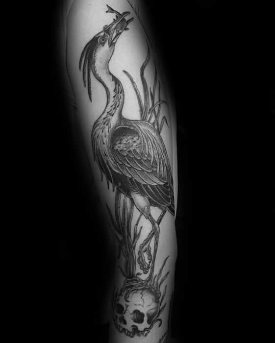 Amazing Mens Heron Bird With Skull Full Arm Tattoo Designs
