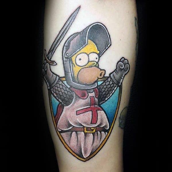 Amazing Mens Homer Simpson Knight Leg Tattoo Designs