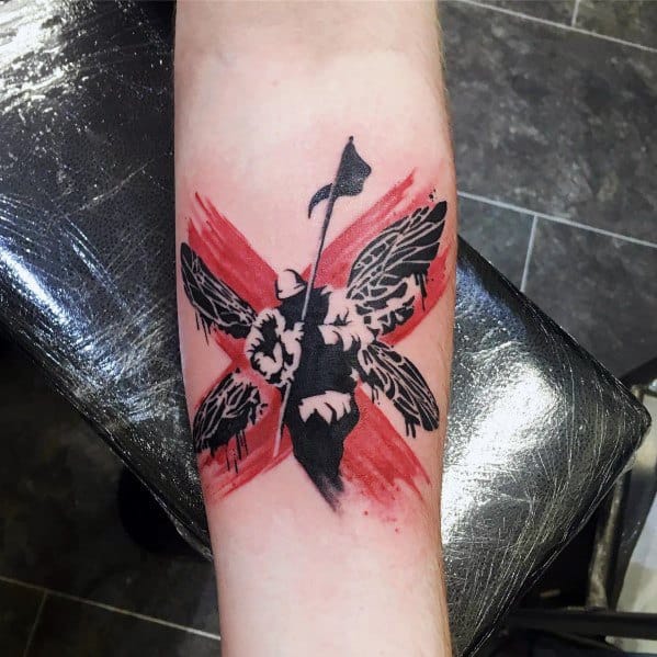 Amazing Mens Linkin Park Tattoo Designs With Red Watercolor Background On Forearm