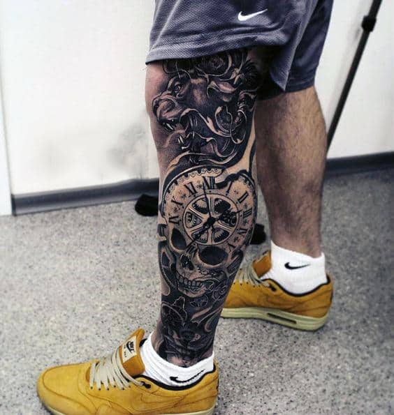 Amazing Mens Lion With Skull And Roman Numeral Clock Leg Tattoo