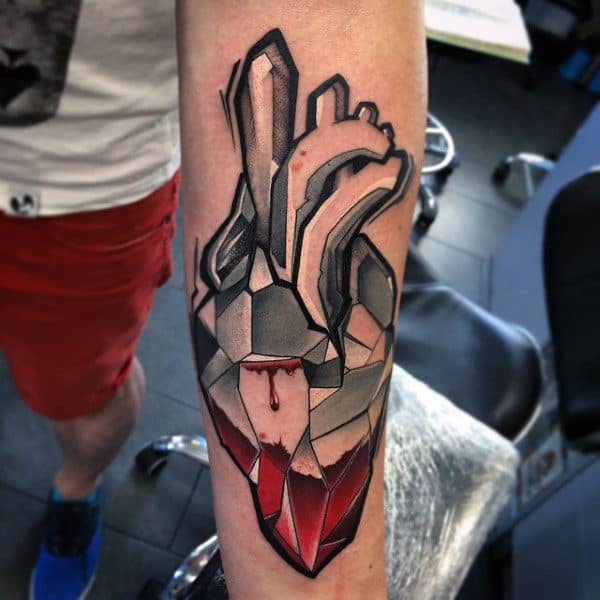 Amazing Mens Manly Geometric Heart Inner Forearm Red And White Ink Tattoo Design