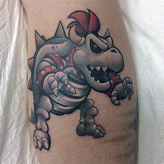 Amazing Mens Mario Leg Calf Bowser Tattoo Designs