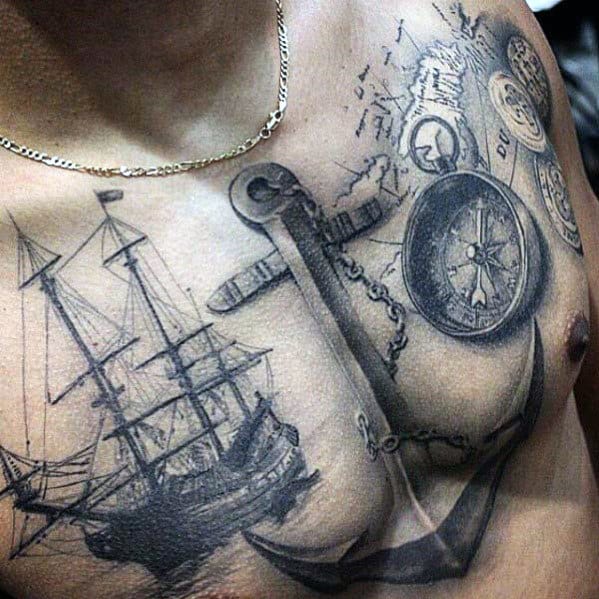 Amazing Mens Nautical Themed Realistic Anchor Upper Chest Tattoo