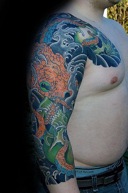 Amazing Mens Octopus Skull Japanese Half Sleeve And Chest Tattoo Designs