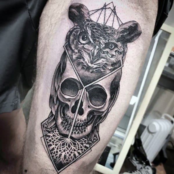 Amazing Mens Owl With Skull Geometric Thigh Of Leg Tattoo Designs