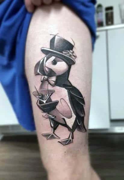 Amazing Mens Penguin With Cocktail Thigh Tattoo