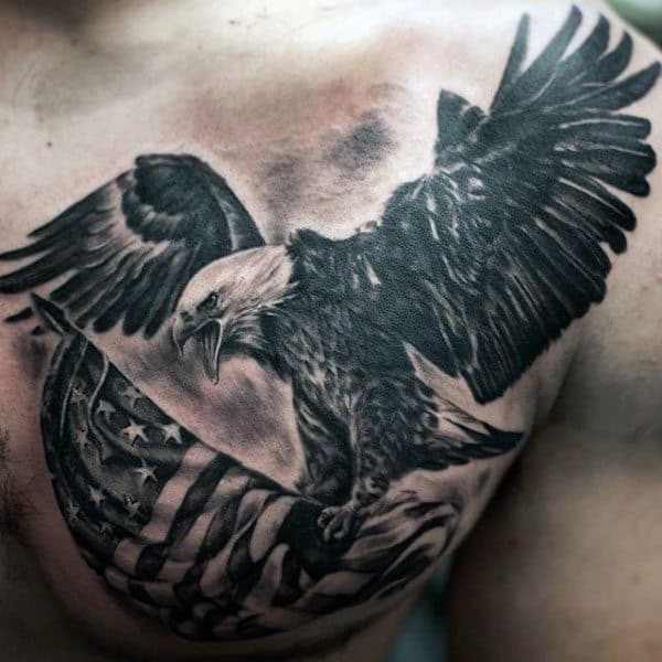 Amazing Mens Realistic 3d Eagle Flying With American Flag Tattoo On Chest