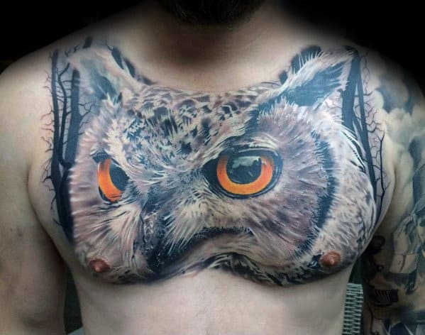 Amazing Mens Realistic Upper Chest Owl Tattoo Ideas