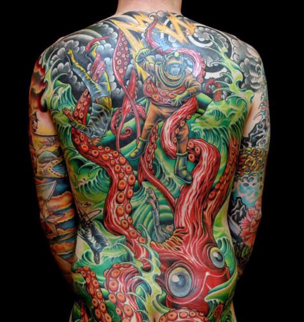 Amazing Mens Red Octopus Full Back Tattoo Designs