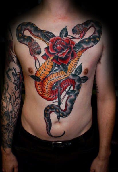 Amazing Mens Rose Flower Two Headed Snake Tattoo Designs On Chest
