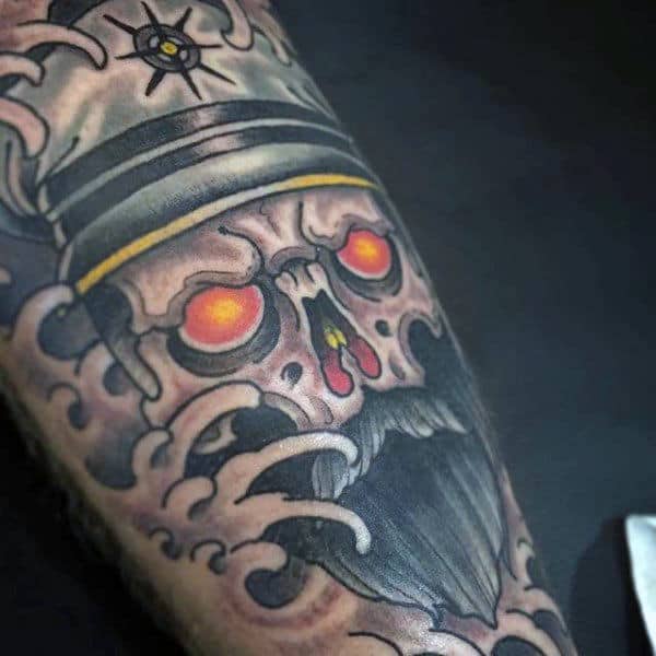 Amazing Mens Sailor Skull Face Water Tattoo On Arm