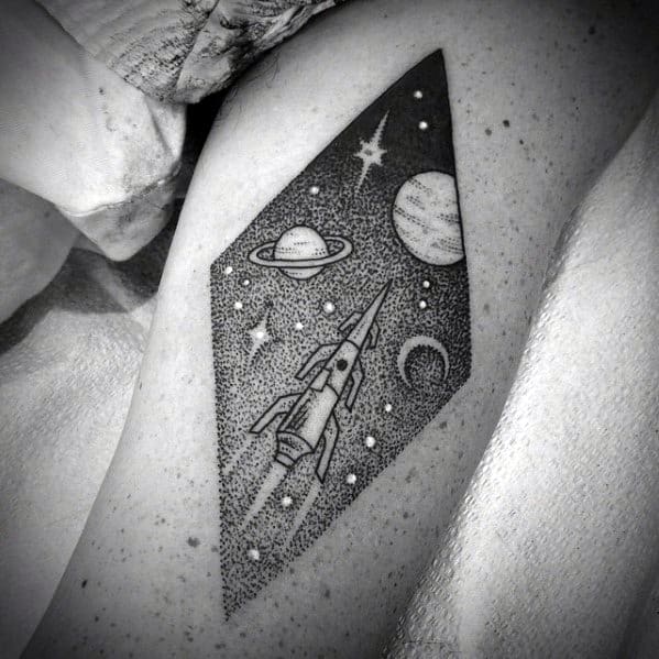 Amazing Mens Spaceship Dotwork Thigh Tattoo Design Ideas