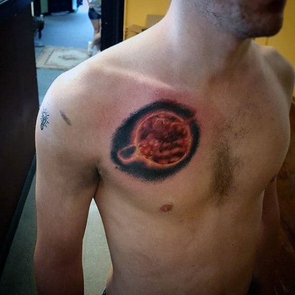 Amazing Mens Sun Outer Space Small Chest Tattoo Designs