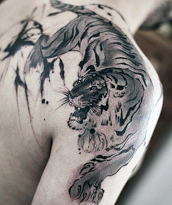 Amazing Mens Sweet Watercolor Tiger Tattoo On Shoulder