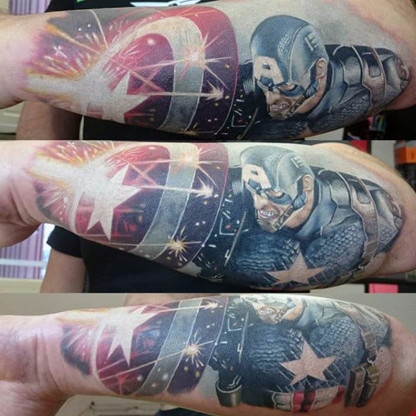 Amazing Mens Tattoo Of Captain America Using Shield With Flying Sparks