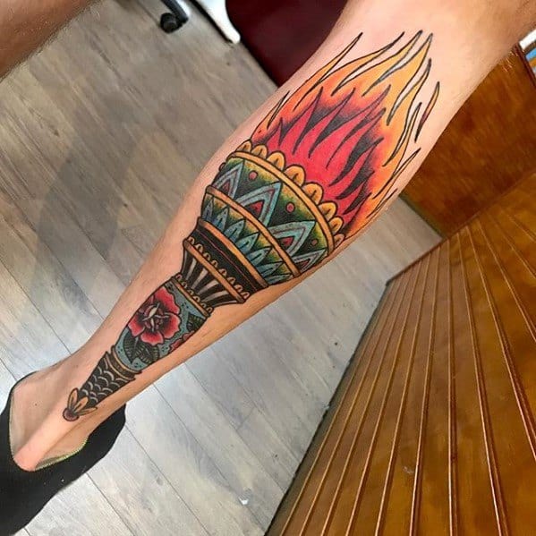 Amazing Mens Torch Tattoo Designs On Leg