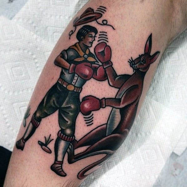 Amazing Mens Traditional Boxer With Kanagroo Tattoo Design On Leg Calf