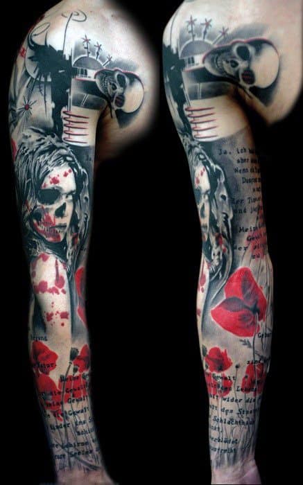 Amazing Mens Trash Polka Full Arm Sleeve Red And Black Tattoo Designs
