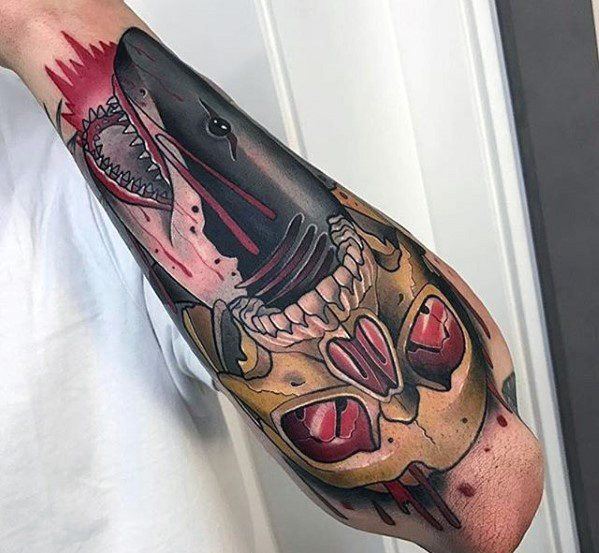 Amazing Mens Unique Skull Shark Outer Forearm Sleeve Tattoo Ideas