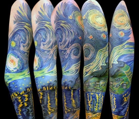 Amazing Mens Watercolor Starry Night Sleeve Tattoo Ideas