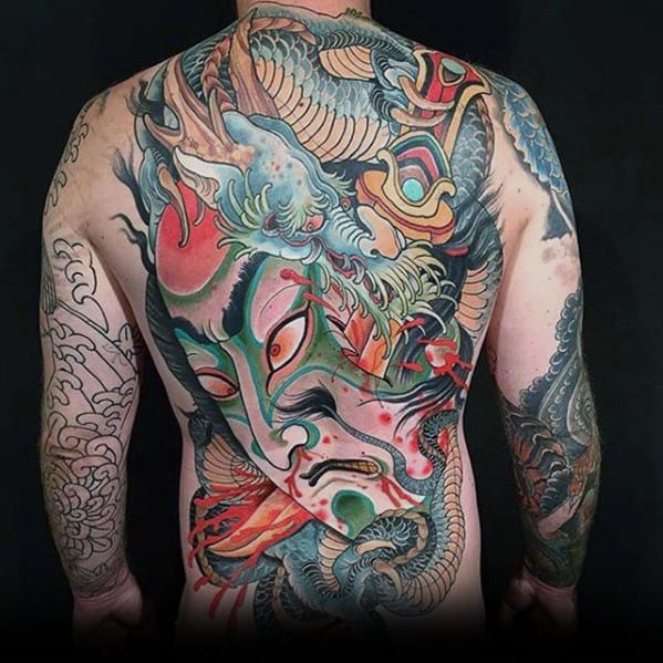 Amazing Mesn Dragon Mask Badass Tattoo On Back