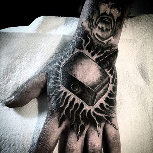 Amazing Mjolnir Lighting Bolts Guys Hand Tattoo Design