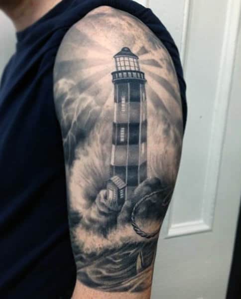 Amazing Nautical Lighthouse Mens Half Sleeve Tattoo Design Ideas