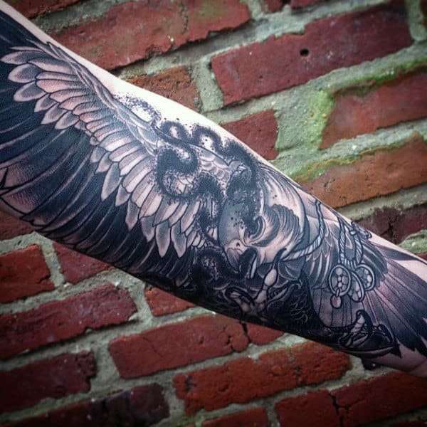 Amazing Neo Traditional Black And Grey Falcon Forearm Tattoos For Guys