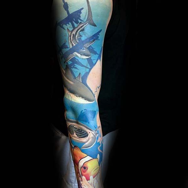 Amazing Ocean Shark With Ship Guys Sleeve Tattoos