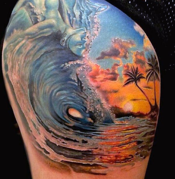 Amazing Ocean Wave Curl Beach Tattoo For Men On Upper Arm