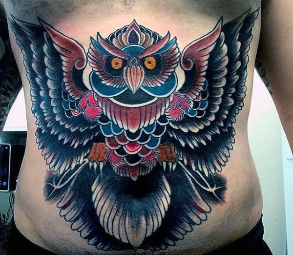 Amazing Owl Guys Traditional Colorful Chest Tattoos