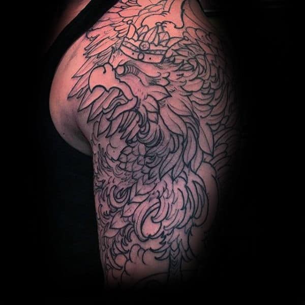 Amazing Polish Eagle Black Ink Outline Male Half Sleeve Tattoos