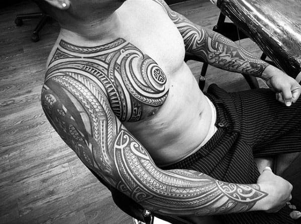 Amazing Polynesian Male Tribal Sleeve Tattoo Design Ideas
