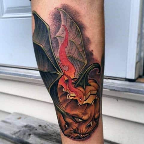 Amazing Pumpkin With Bat Wings Male Leg Tattoos