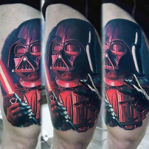 Amazing Red Masked Darth Vader Tattoo Male Thighs