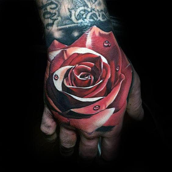 amazing-red-realistic-rose-flower-hand-tattoo-with-water-droplets