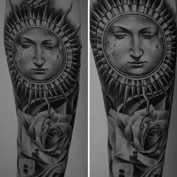 Amazing Rose And Face Of Sun Tattoo For Males Sleeve
