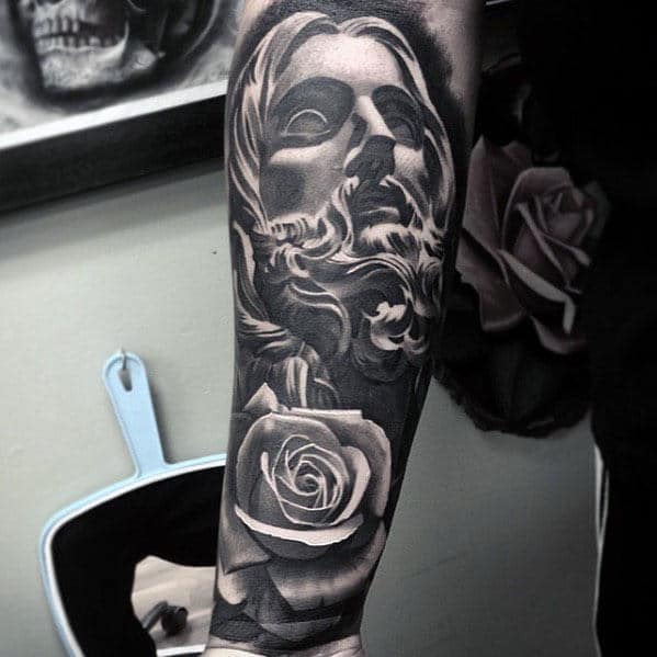 Amazing Rose Flower Jesus Shaded Black And Grey Forearm Sleeve Tattoos For Men