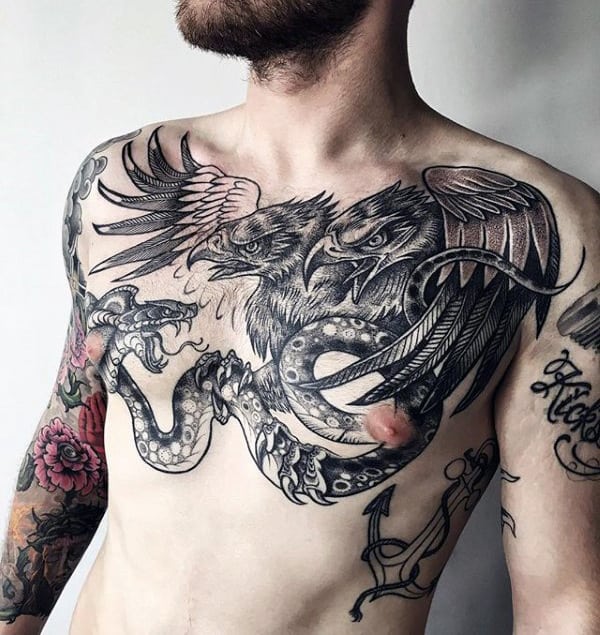 Amazing Shaded Eagle With Snake Male Chest Tattoos