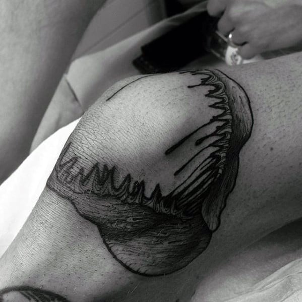 SJ Sharks knee piece done by Sawblade at Sunken Ship Tattoo in Everett WA   rtattoo