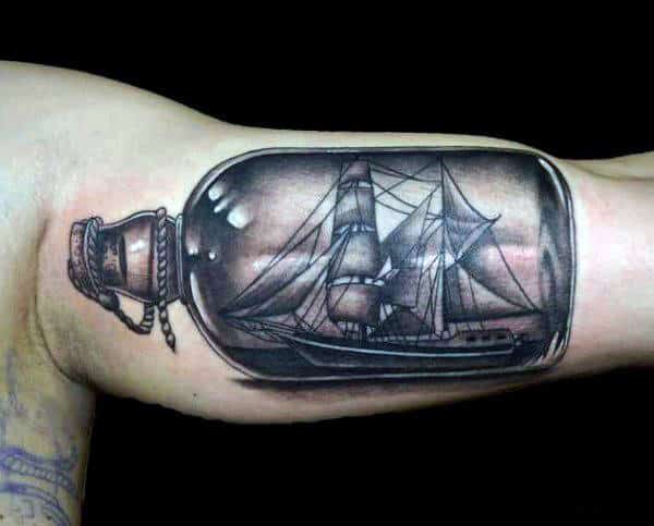 Amazing Ship In A Bottle 3d Glass Container Male Bicep Tattoos