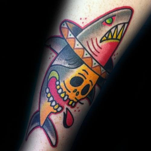 Amazing Skull With Shark Mens Traditional Outer Forearm Tattoo