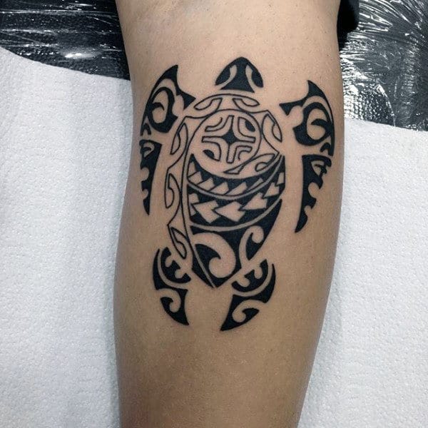 Amazing Small Hawaiian Tribal Turtle Guys Leg Tattoo Design Inspiration