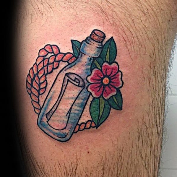 Amazing Small Thigh Mens Message In A Bottle Tattoo Designs