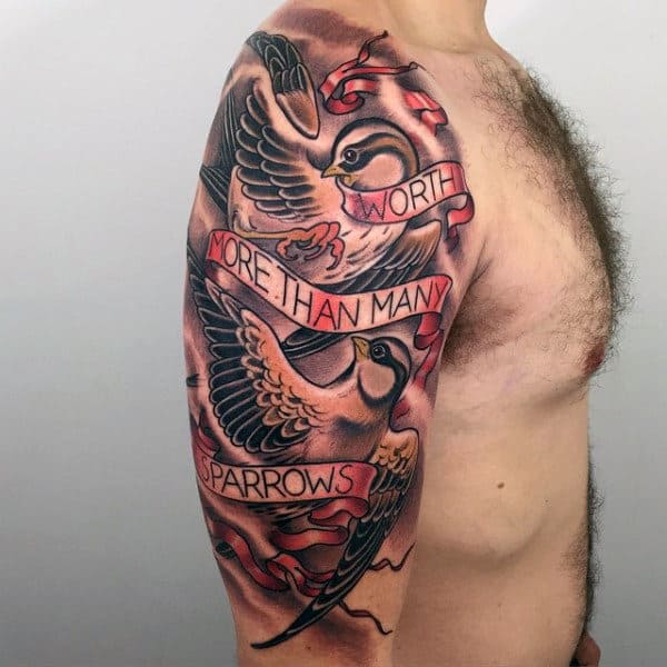 Amazing Sparrow Tattoo With Labels Men Upper Arms