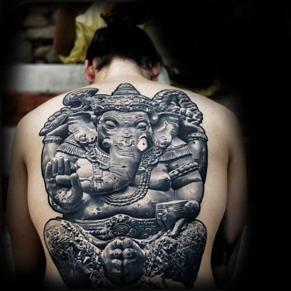 Amazing Stone 3d Ganesh Realistic Male Full Back Tattoos