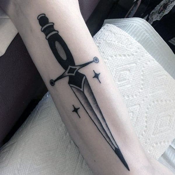Amazing Traditional Dagger Mens Tattoo Design Idea On Inner Forearm