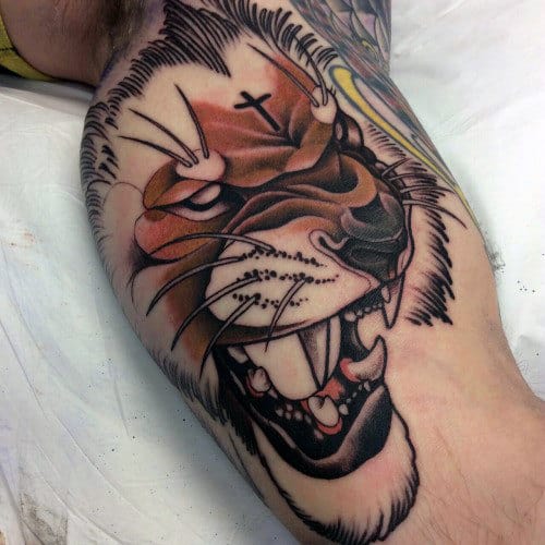 Amazing Traditional Lion Mens Inner Arm Bicep Tattoos