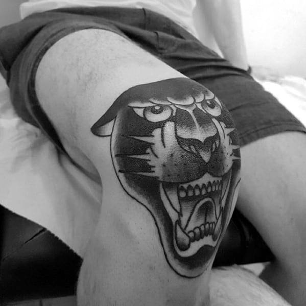 Amazing Traditional Panther Knee Cap Shaded Tattoos For Males